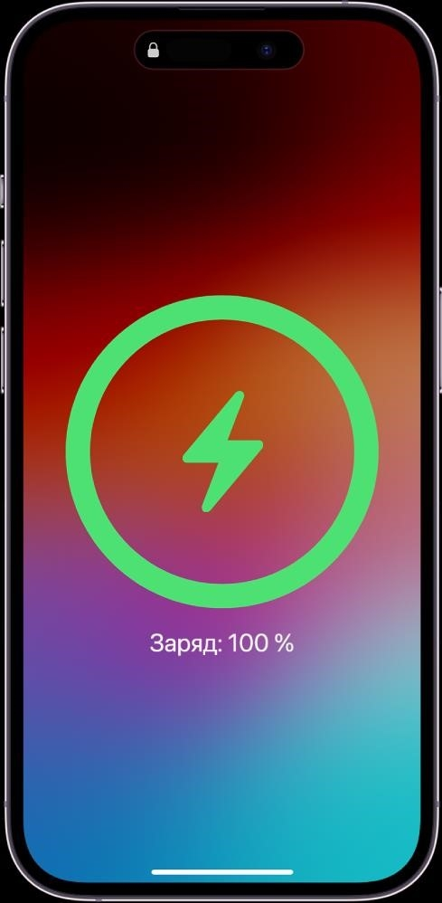 Экран iPhone показывает, что батарея заряжена на 100 %.