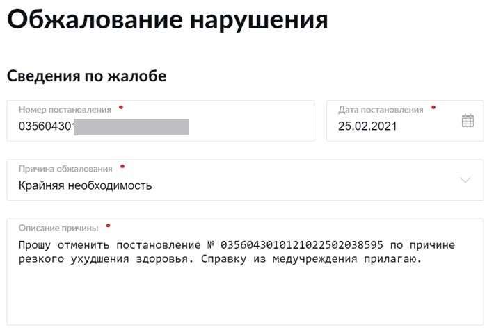 Чтобы оспорить штраф, введите НДС, дату вынесения постановления и причину его вынесения